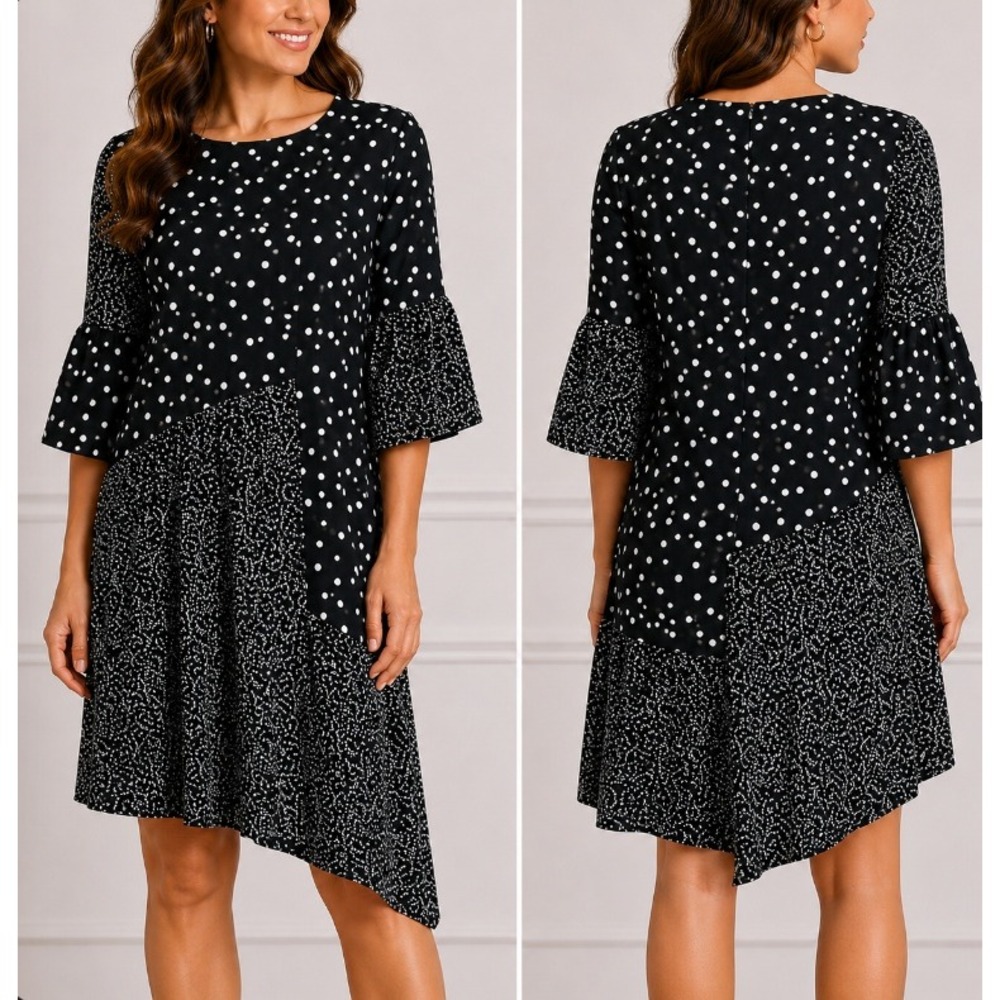 CAARA Millazo Polka Dot Shift Dress Small Black White Mixed Print Ruffle Sleeve